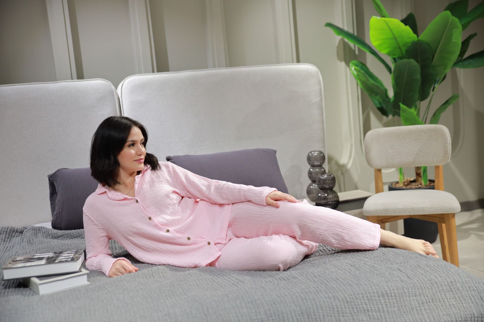 Müslin Pijama Takımı Pembe Renk Müslin Kumaş